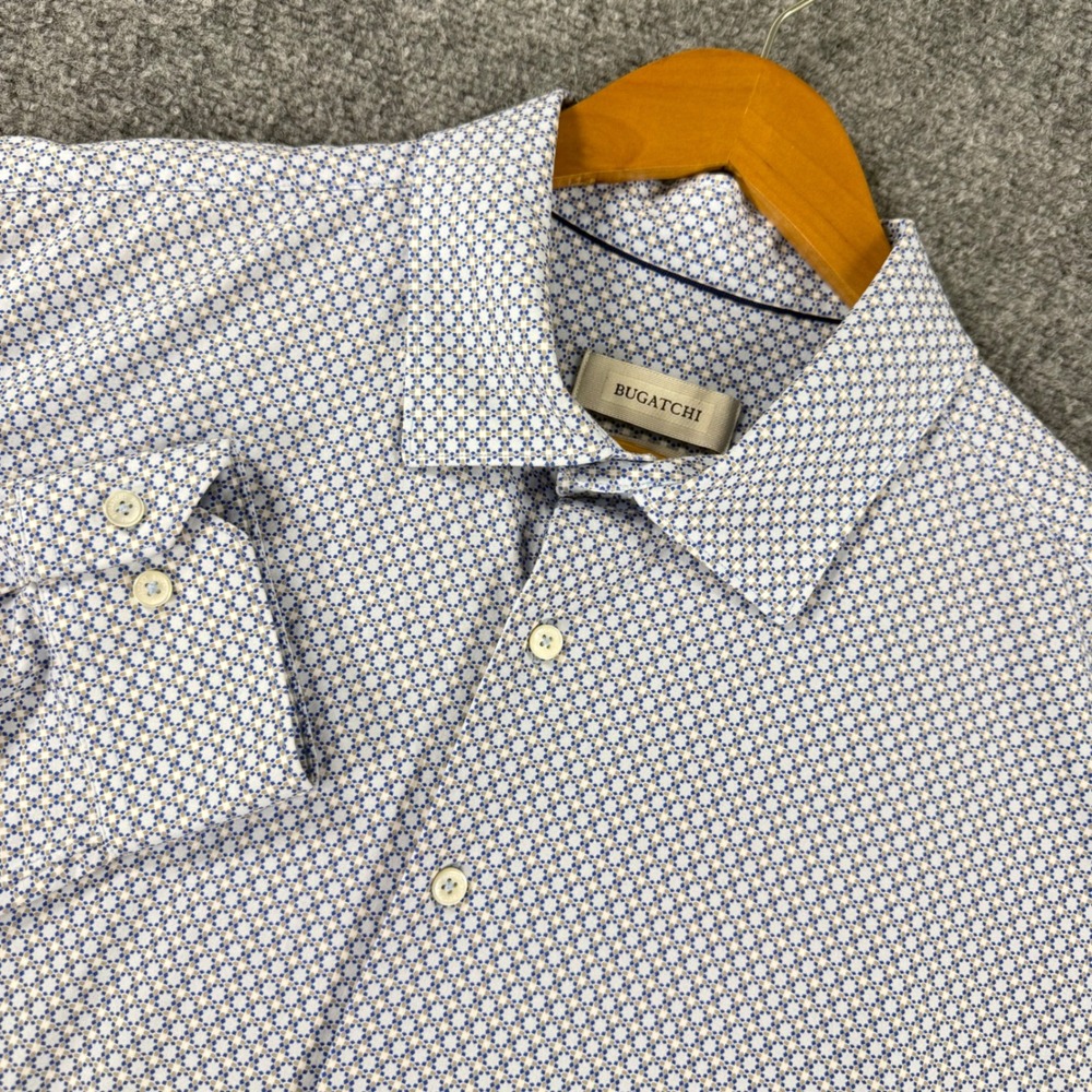 Bugatchi 8-Way Stretch Long Sleeve Dress Shirt Men XXL Blue Geometric Stretch